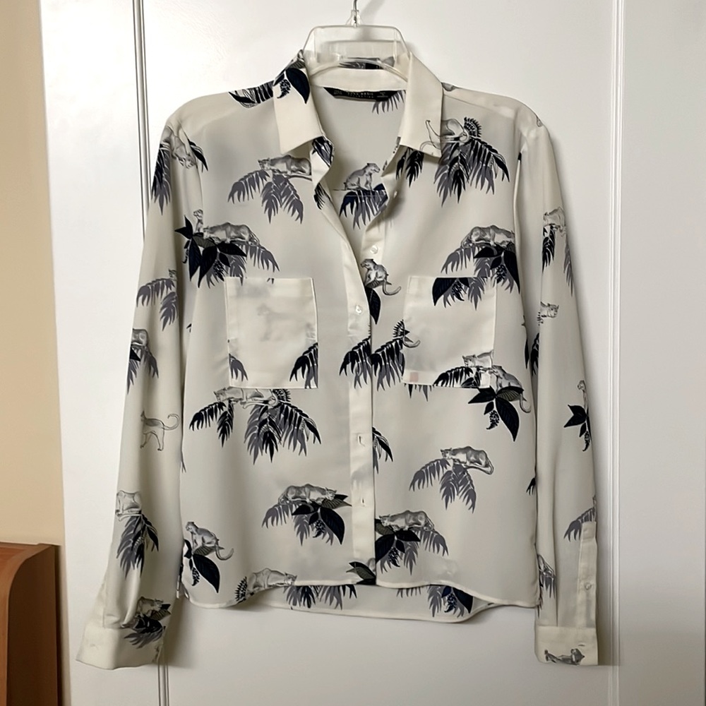 Zara - animal/leaf printed white button down - S